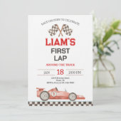 First Lap Around The Track Race Car 1st Birthday Einladung (Stehend Vorderseite)