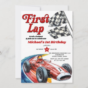 First Lap Vintag Red Race Car 1. Geburtstag Party Einladung