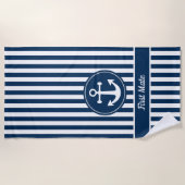 First Mate Nautical Anchor Rope Navy Blue Stripes Strandtuch (Vorderseite)
