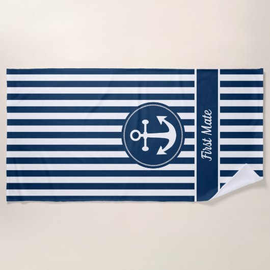 First Mate Nautical Anchor Rope Navy Blue Stripes Strandtuch (Vorderseite)