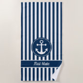 First Mate Nautical Anchor Rope Navy Blue Stripes Strandtuch (Vorderseite)