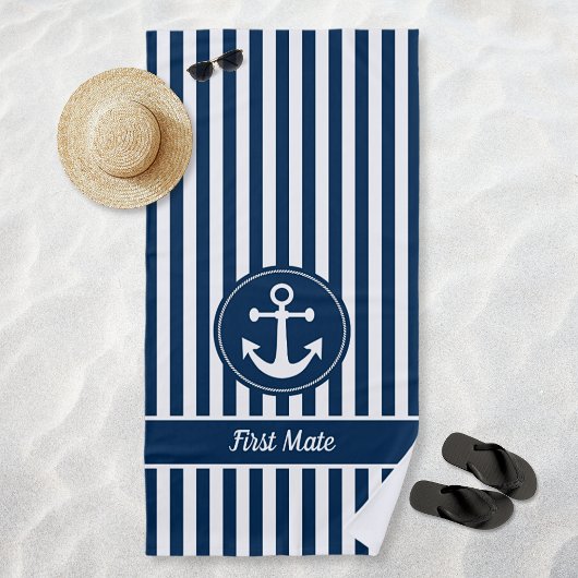First Mate Nautical Anchor Rope Navy Blue Stripes Strandtuch