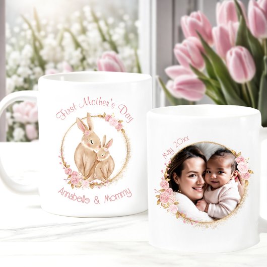 First Mother's Day Bunny Baby Girl Foto Name Pink Kaffeetasse