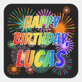 First Name "LUCAS", Fun "HAPPY BIRTHDAY" Quadratischer Aufkleber (Vorderseite)