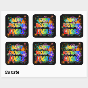 First Name "LUCAS", Fun "HAPPY BIRTHDAY" Quadratischer Aufkleber