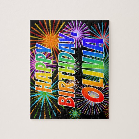First Name "OLIVIA", Fun "HAPPY BIRTHDAY" Puzzle (Vertikal)