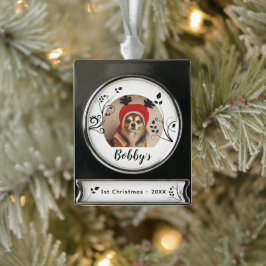 First Puppy Christmas Black Foliage Dog Name Foto Banner-Ornament Silber