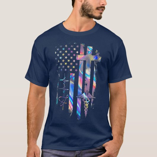 First Responder Nurse American Flag Heartbeat T-Shirt (Vorderseite)
