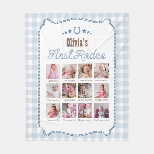 First Rodeo 1st Birthday Blue Western Photo Sign Fleecedecke (Vorderseite)