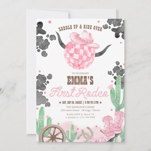 First Rodeo 1st Birthday Pink Boho Wild West Einladung (Vorderseite)