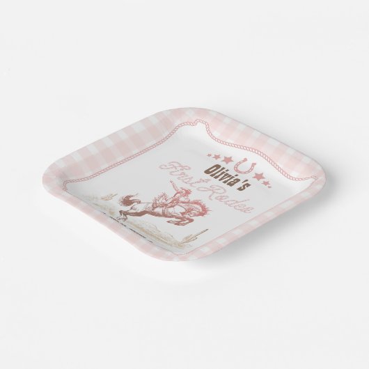 First Rodeo 1st Birthday Pink Western Pappteller (Gewinkelt)