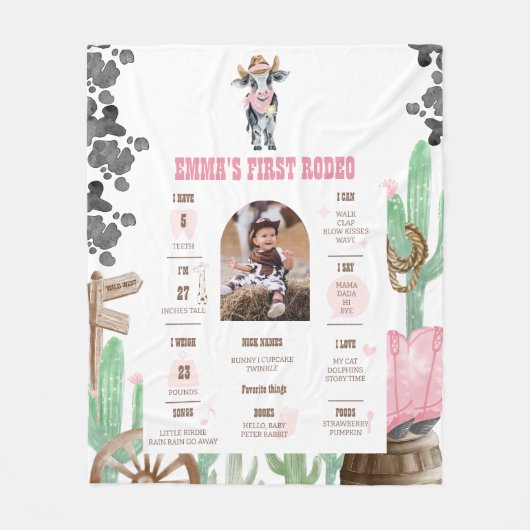First Rodeo Baby Cow Wild West Milestone Sign Fleecedecke (Vorderseite)