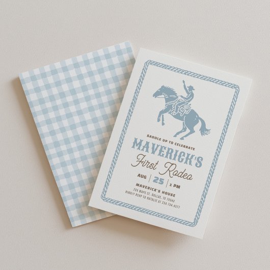 First Rodeo Boy Blue Gingham 1st Birthday Einladung