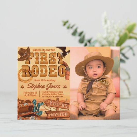 First Rodeo - Cowboy Birthday with Picture Einladung (Stehend Vorderseite)