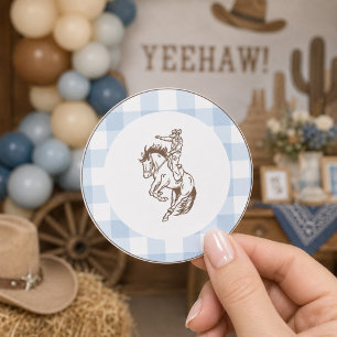 First Rodeo Cowboy Blau Gingham Vornehm Runder Aufkleber