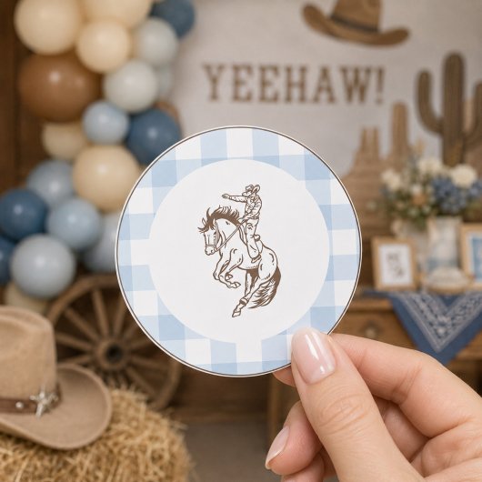 First Rodeo Cowboy Blau Gingham Vornehm  Runder Aufkleber