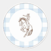 First Rodeo Cowboy Blau Gingham Vornehm  Runder Aufkleber (Vorderseite)