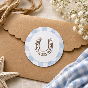 First Rodeo Cowboy Geburtstag Blau Gingham Vornehm Runder Aufkleber