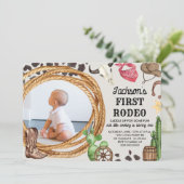 First Rodeo Cowboy Western Birthday Party Foto Einladung (Stehend Vorderseite)