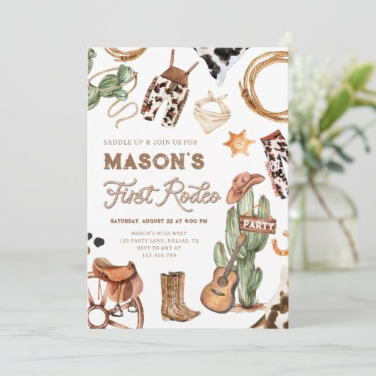 First Rodeo Cowboy Wild West Western Boy Birthday Einladung (Stehend Vorderseite)