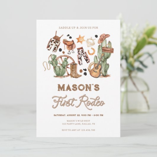 First Rodeo Cowboy Wild West Western Boy Birthday Einladung (Stehend Vorderseite)