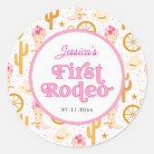 First Rodeo Cowgirl Pink 1st Birthday Party Runder Aufkleber (Vorderseite)