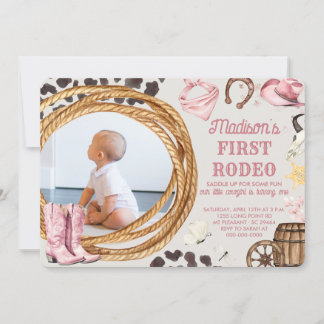 First Rodeo Girl Pink Western Geburtstagsparty Fot Einladung