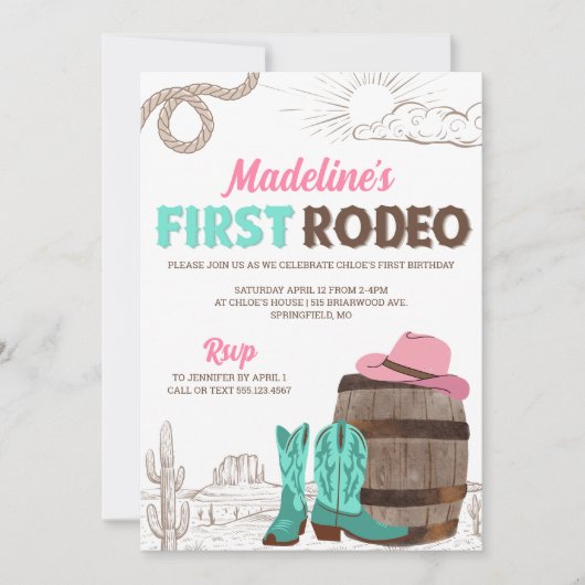 First Rodeo Girls Western Erstgeburt Einladung (Vorderseite)