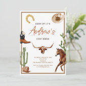 First Rodeo Modern Southern Cowboy Birthday Einladung (Stehend Vorderseite)