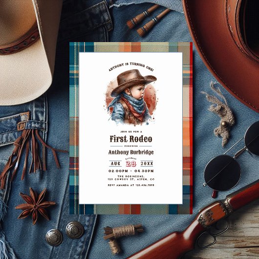 "First Rodeo" Rustic Cowboy 1. Geburtstag Einladung