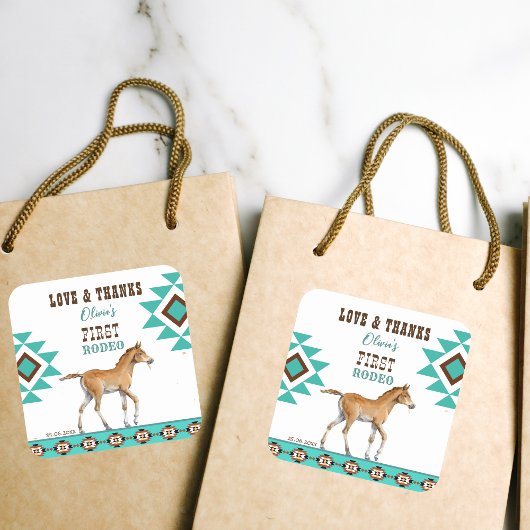 First rodeo southwestern turquoise country horse quadratischer aufkleber