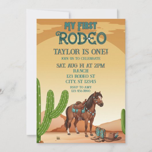 First Rodeo, Turquoise, Horse, 1st Birthday Einladung (Vorderseite)