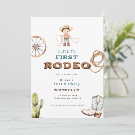 First Rodeo Western Baby Boy Birthday Einladung (Stehend Vorderseite)