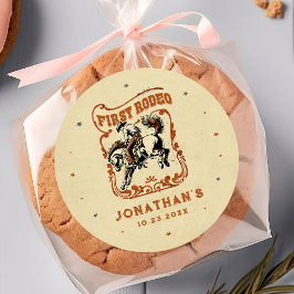 First Rodeo Western Cowboy Birthday Runder Aufkleber