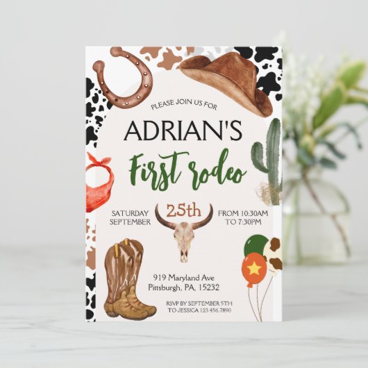 First Rodeo Western Cowboy First Birthday Einladung (Stehend Vorderseite)