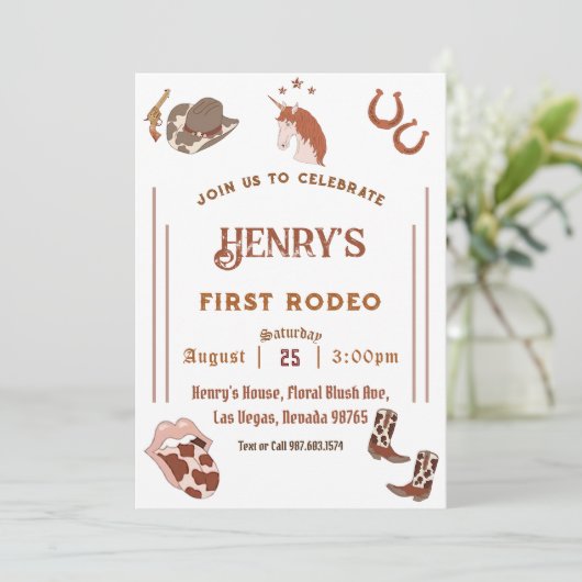 First Rodeo Western Cowboy First Birthday Einladung (Stehend Vorderseite)