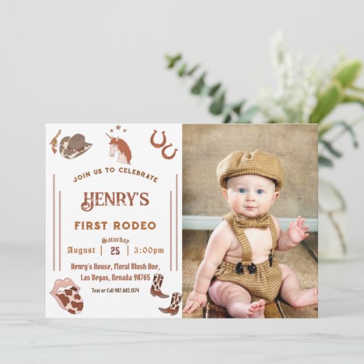 First Rodeo Western Cowboy First Birthday Einladung (Stehend Vorderseite)