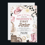 First Rodeo Wild West Cowgirl Pink Girl Birthday Einladung<br><div class="desc">Saddle up - Die erste Rodeo Wild West Cowgirl Pink Girl Birthday Party Einladung beinhaltet Cowboyhut und Stiefel,  Lasso,  Kaktus,  schwarzen Kuh-Druck,  Stier Schädel Abzeichen,  Fass,  Rad und Rosa Flora. Es ist perfekt für Rodeo,  Cowboy,  Western,  Wild West,  South West Geburtstagsparty für Mädchen. Melde mich für notwendige Anpassungen.</div>