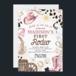 First Rodeo Wild West Cowgirl Pink Girl Birthday Einladung<br><div class="desc">Saddle up - Die erste Rodeo Wild West Cowgirl Pink Girl Birthday Party Einladung beinhaltet Cowboyhut und Stiefel,  Lasso,  Kaktus,  schwarzen Kuh-Druck,  Stier Schädel Abzeichen,  Fass,  Rad und Rosa Flora. Es ist perfekt für Rodeo,  Cowboy,  Western,  Wild West,  South West Geburtstagsparty für Mädchen. Melde mich für notwendige Anpassungen.</div>
