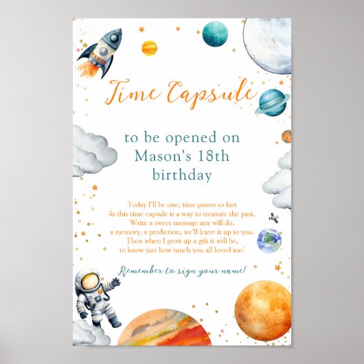 First Space Adventure Boy Birthday Time Kapsel Poster (Vorne)