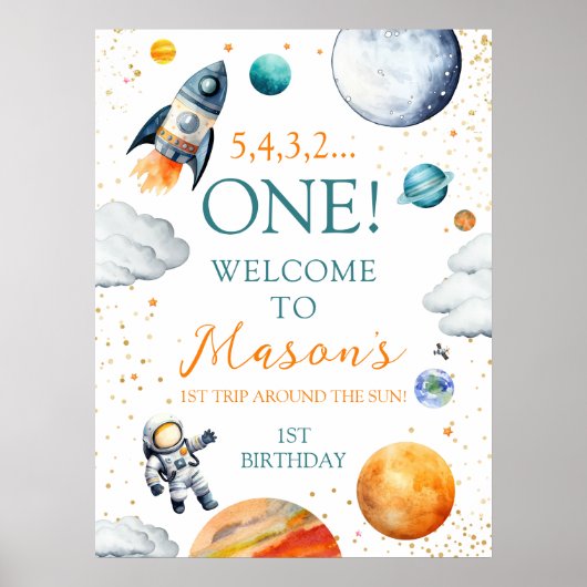 First Space Adventure Boy Birthday Willkommen Poster (Vorne)