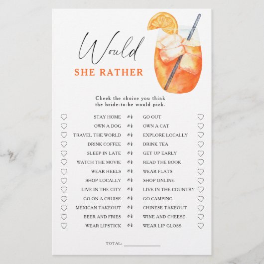 First Spritz Brautparty Möchten sie lieber spielen (Vorderseite)