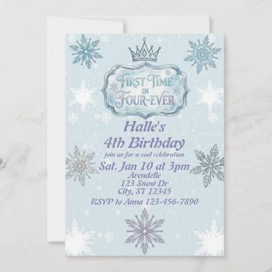 First Time Four-Ever Snowflake Birthday Invitation Einladung (Vorderseite)