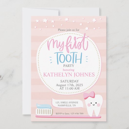 First Tooth Baby Girl Party Einladung (Vorderseite)