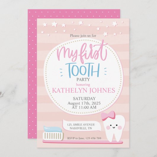 First Tooth Baby Girl Party Einladung (Vorne/Hinten)