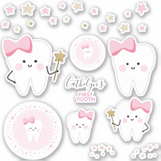 First Tooth Baby Girl Scrapbook oder Party Sticker (Vorderseite)