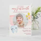 First Tooth Party Pink Niedlich Watercolor Foto Einladung (Stehend Vorderseite)