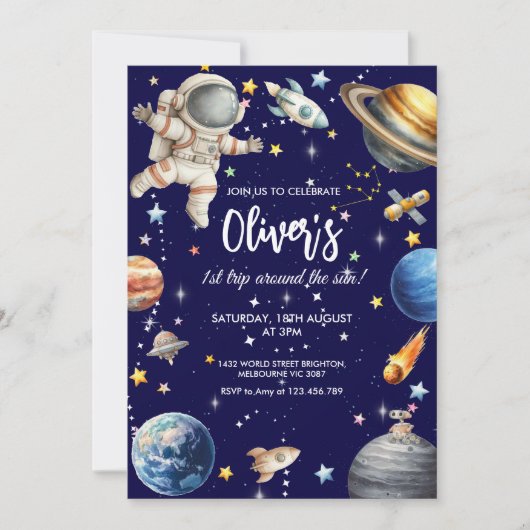 First Trip Around the Sun Astronaut Birthday Einladung (Vorderseite)