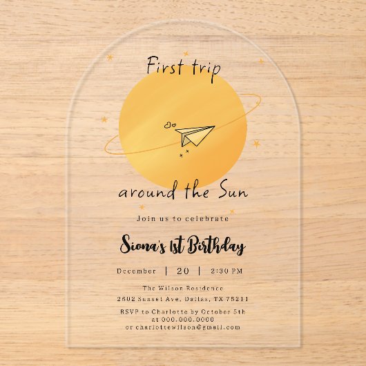 First Trip Around The Sun Paper Airplane Birthday Acryleinladungen (Vorderseite)