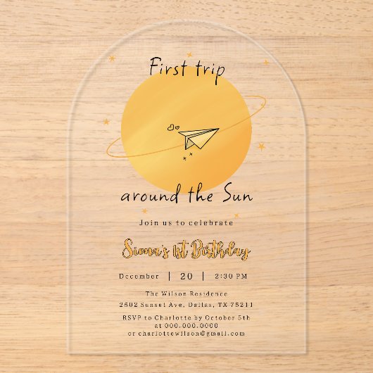 First Trip Around The Sun Paper Airplane Birthday Acryleinladungen (Vorderseite)